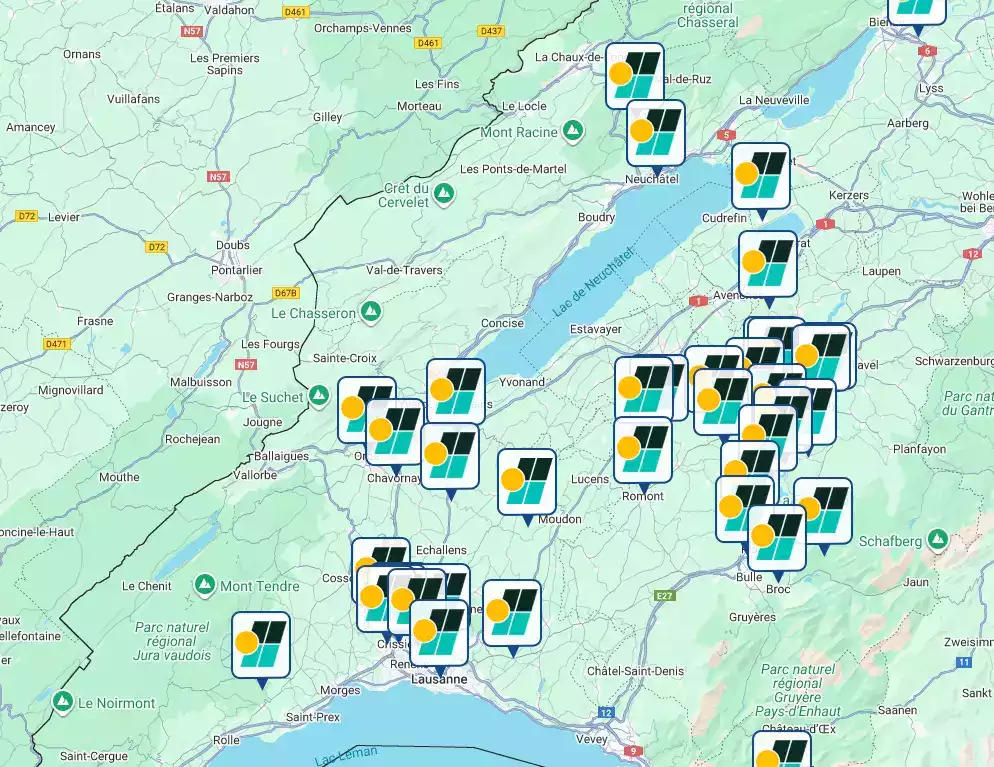 Carte de nos installations solaires en Suisse Romande.