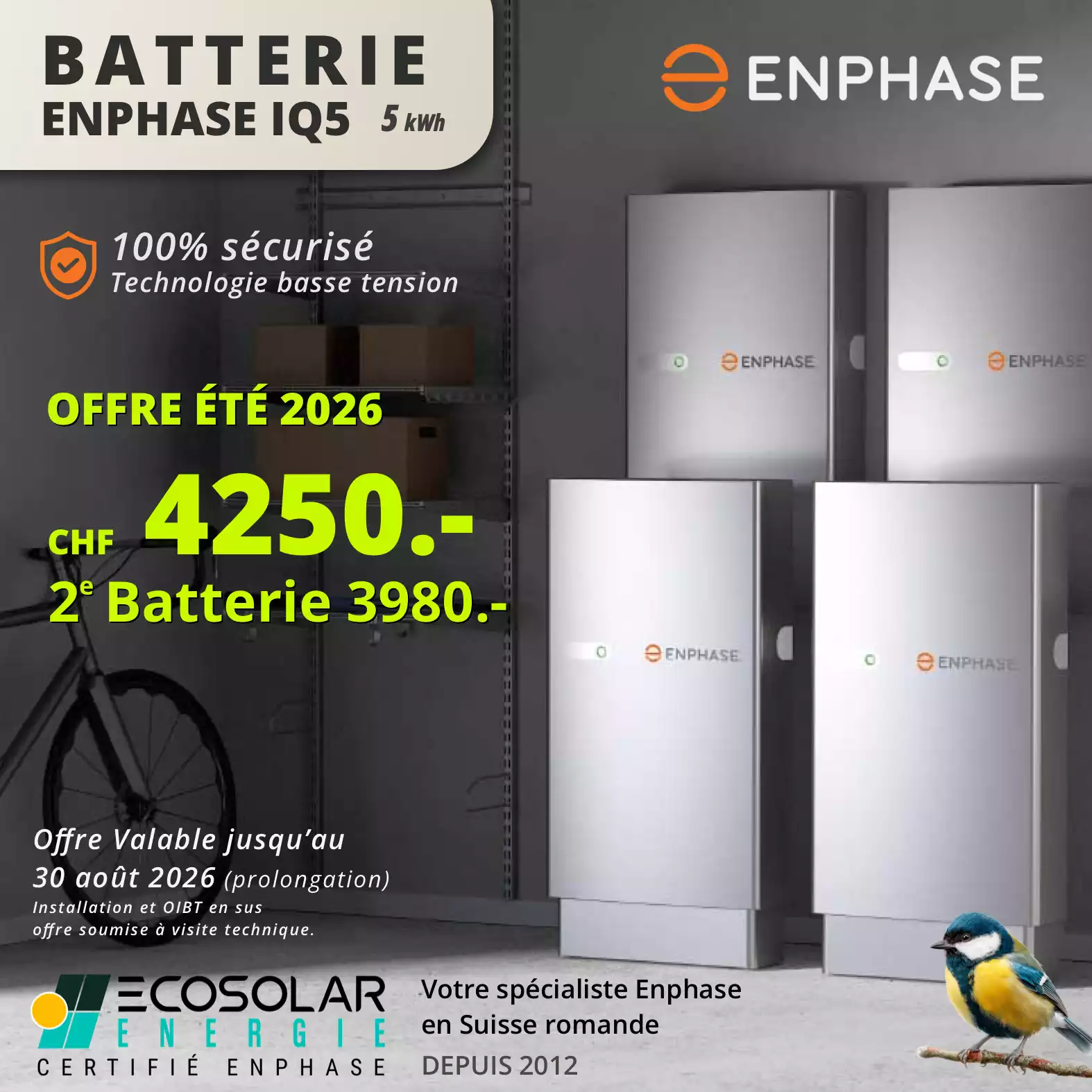 Promo Batterie Enphase IQ 5P 5kWh à 3950 CHF technologie basse tension