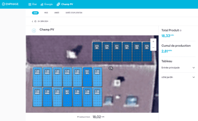 Shéma de toiture avec panneaux photovoltaïque et indication en temps réel de la production de chaque panneau